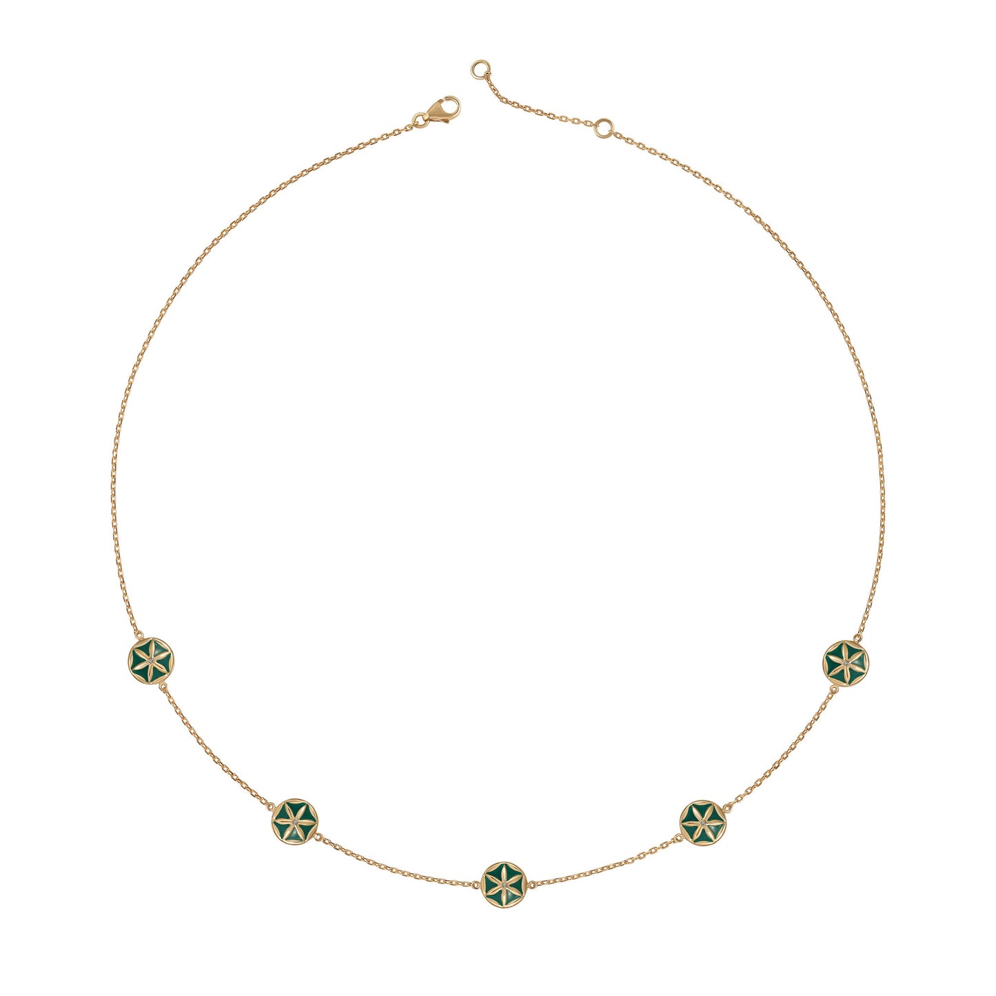 7LEAVES Flower of Elements green enamel necklace on a white background