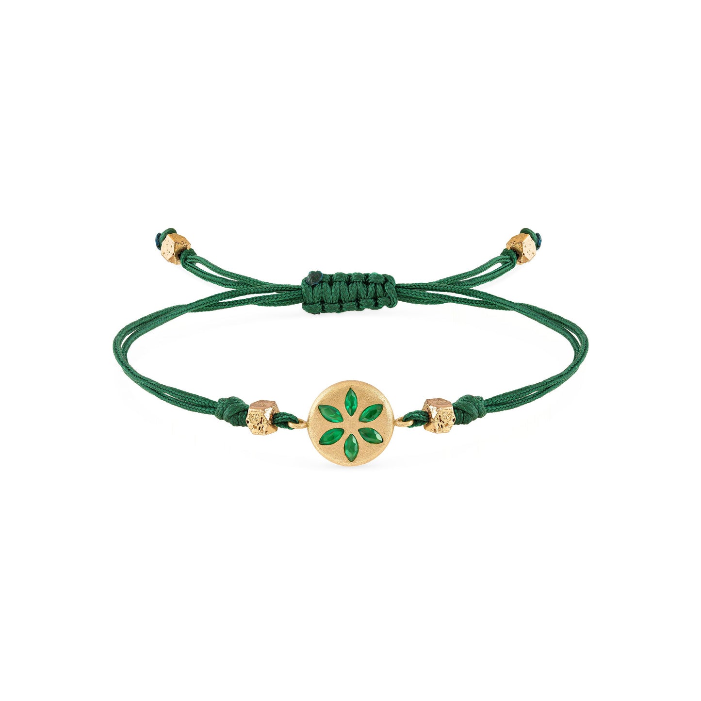 7LEAVES Palimpsest yellow gold and emerald bracelet on a white background