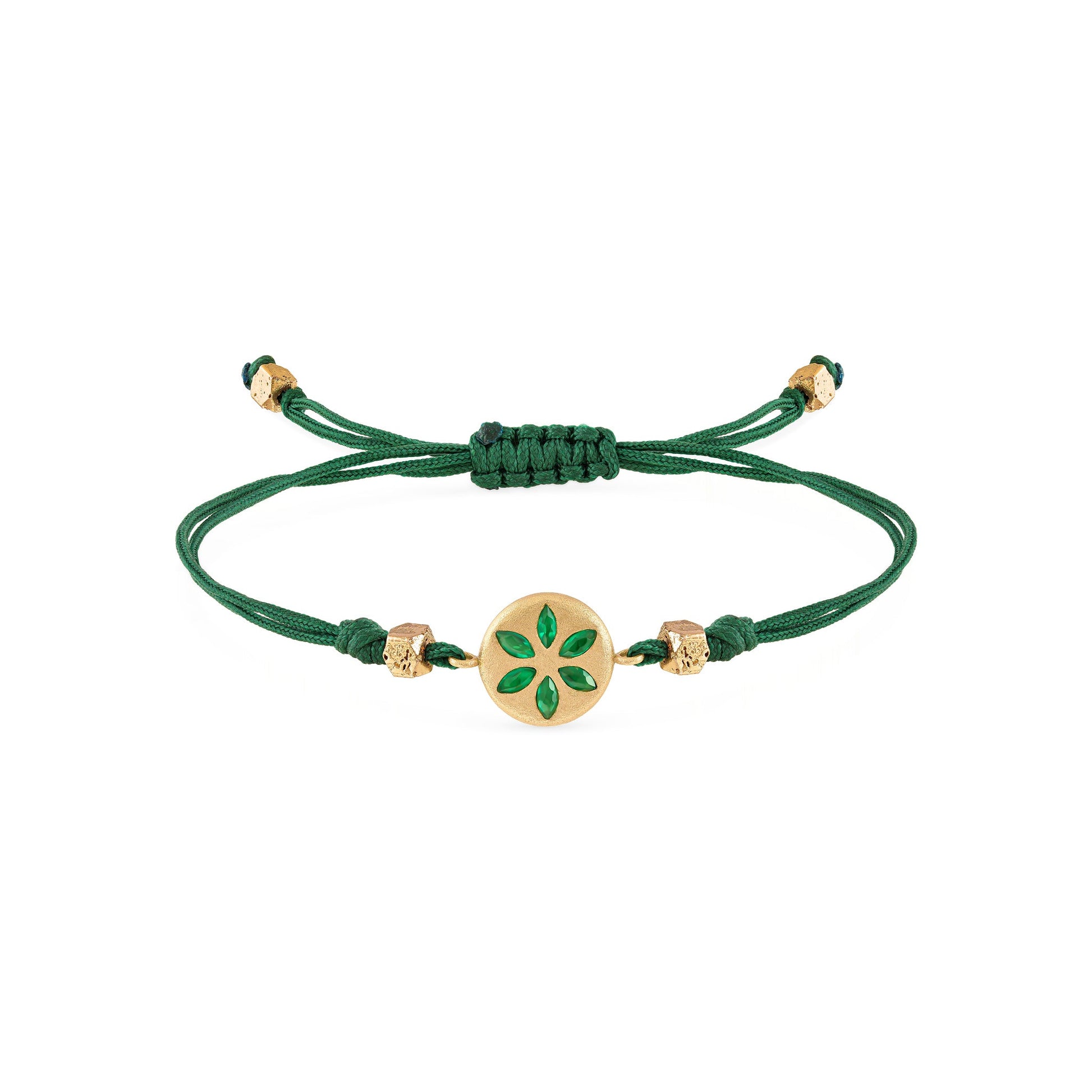 7LEAVES Palimpsest yellow gold and emerald bracelet on a white background