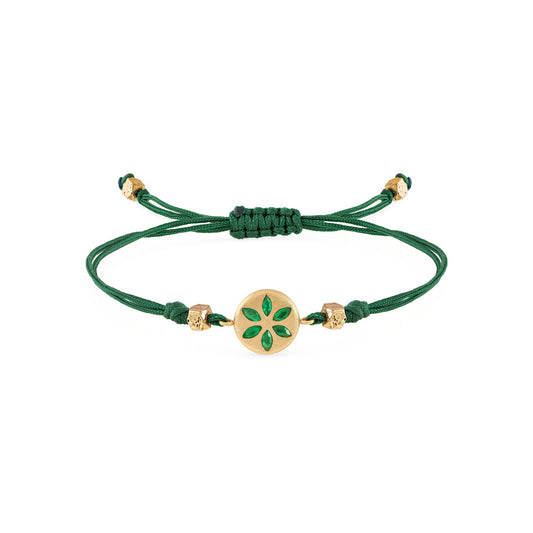 7LEAVES Palimpsest yellow gold and emerald bracelet on a white background