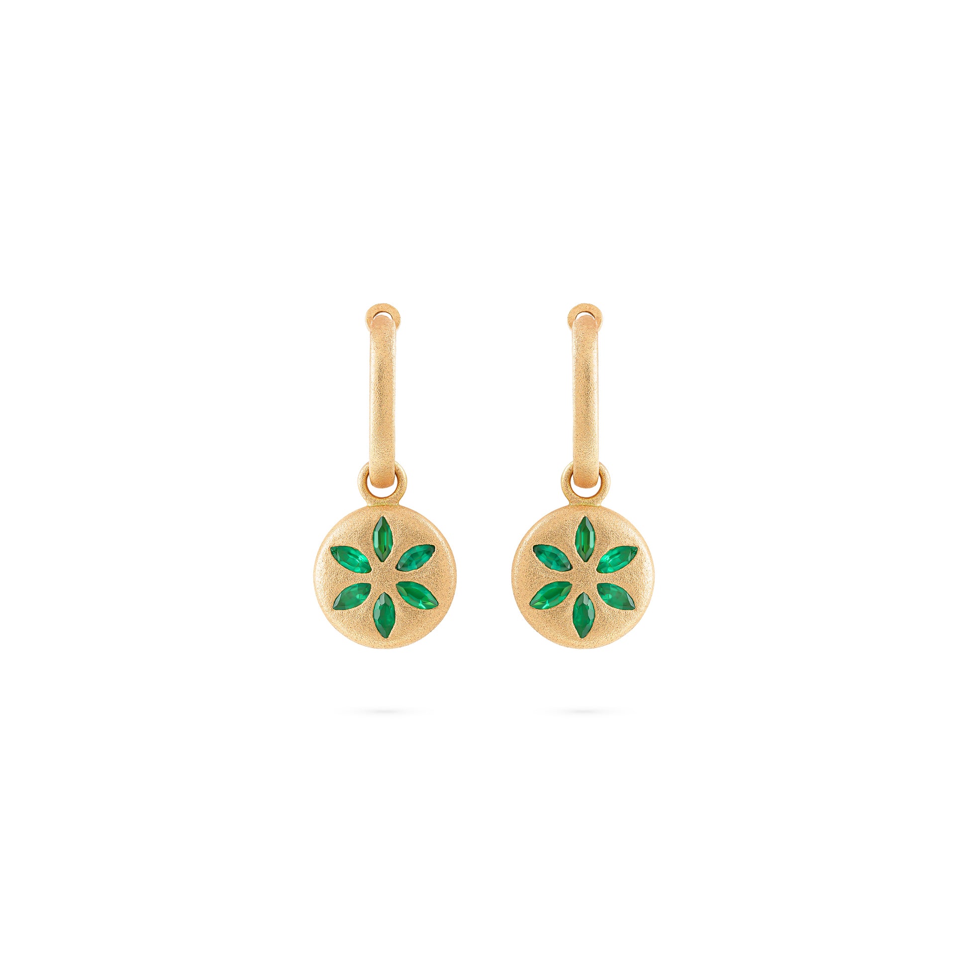 7LEAVES Palimpsest matte yellow gold earrings with emeralds on a white background, alternate view
