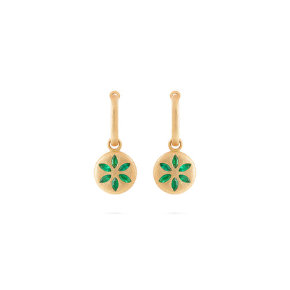 7LEAVES Palimpsest matte yellow gold earrings with emeralds on a white background, alternate view