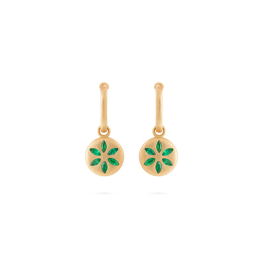 7LEAVES Palimpsest matte yellow gold earrings with emeralds on a white background, alternate view