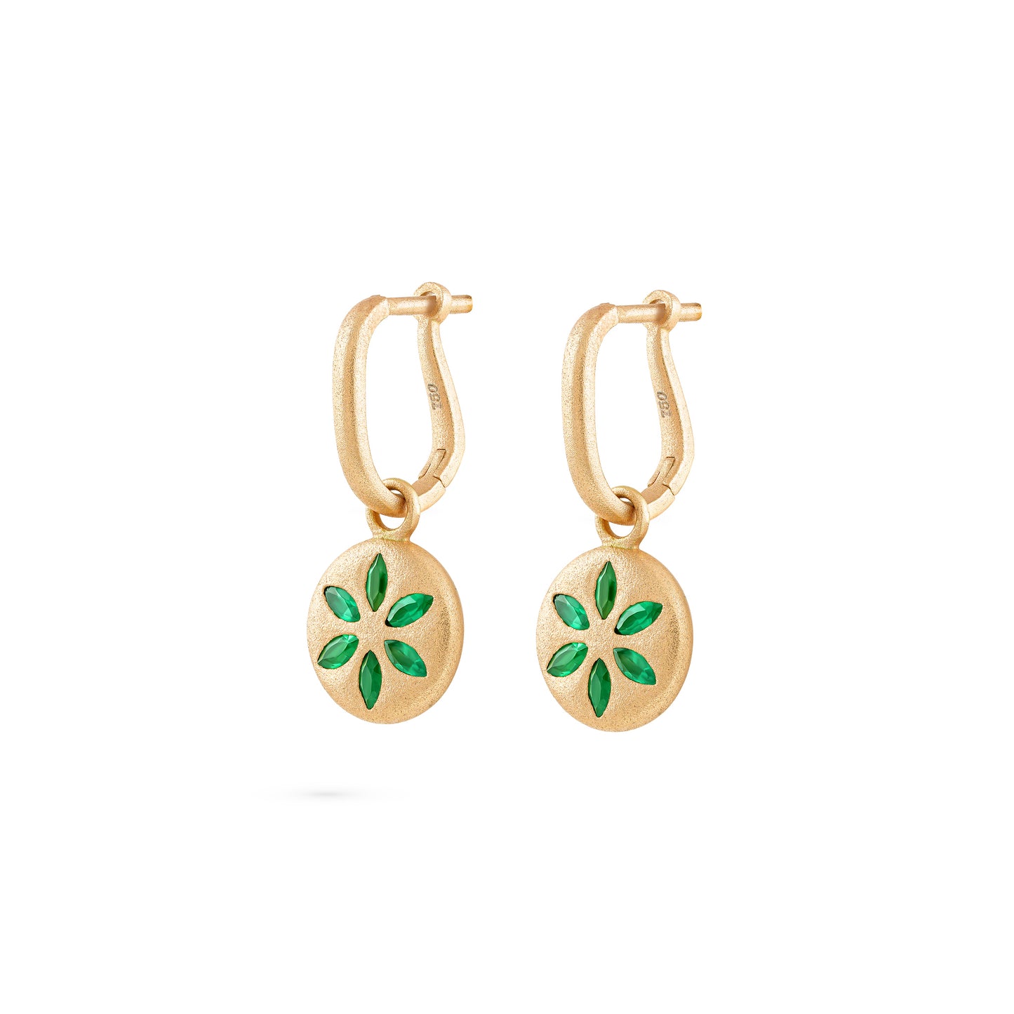 7LEAVES Palimpsest matte yellow gold earrings with emeralds on a white background, front view