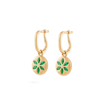 7LEAVES Palimpsest matte yellow gold earrings with emeralds on a white background, front view