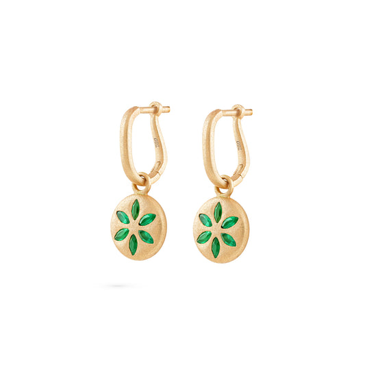 7LEAVES Palimpsest matte yellow gold earrings with emeralds on a white background, front view