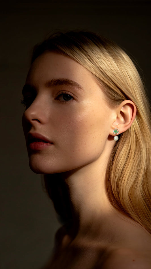 7LEAVES Unlock earrings worn in a lifestyle portrait