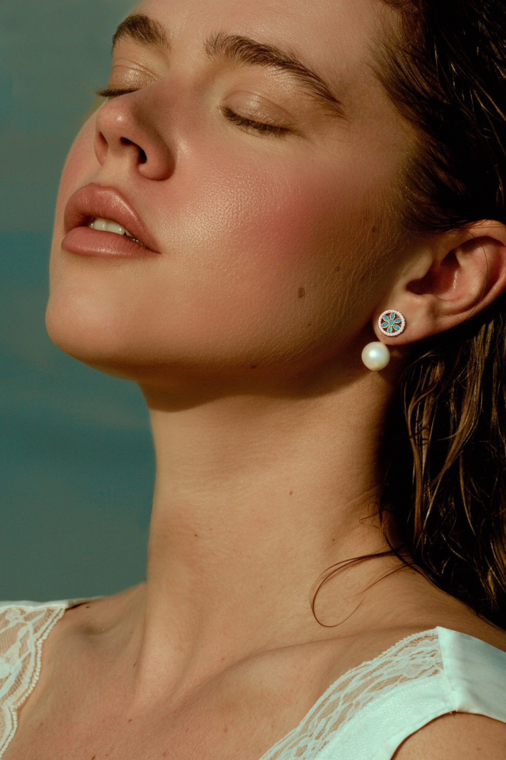 7LEAVES Unlock earrings worn in a lifestyle portrait
