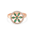 7LEAVES Unlock rose gold ring with emeralds and diamonds on a white background
