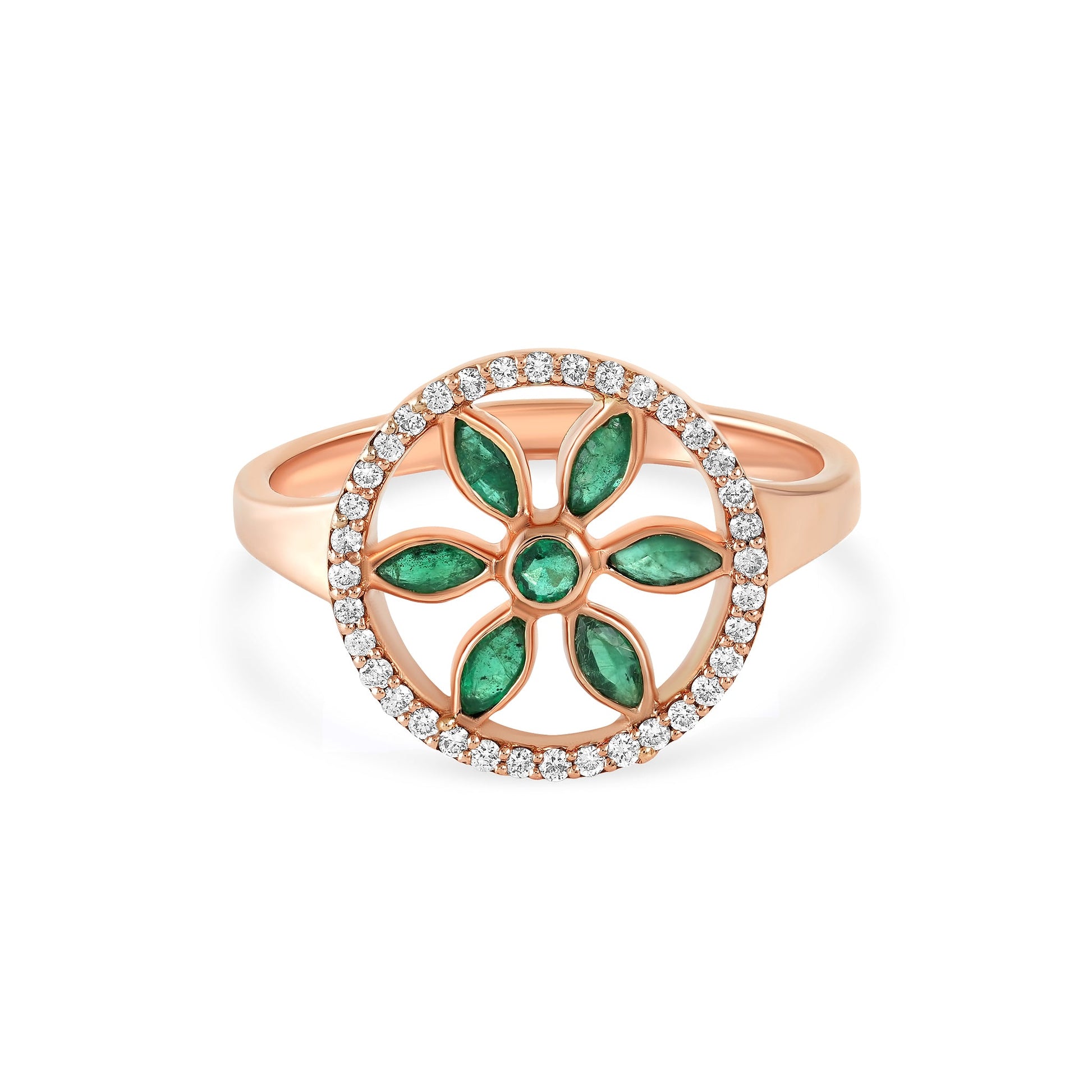7LEAVES Unlock rose gold ring with emeralds and diamonds on a white background