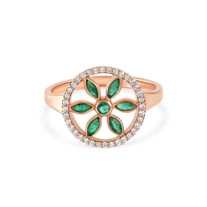 7LEAVES Unlock rose gold ring with emeralds and diamonds on a white background