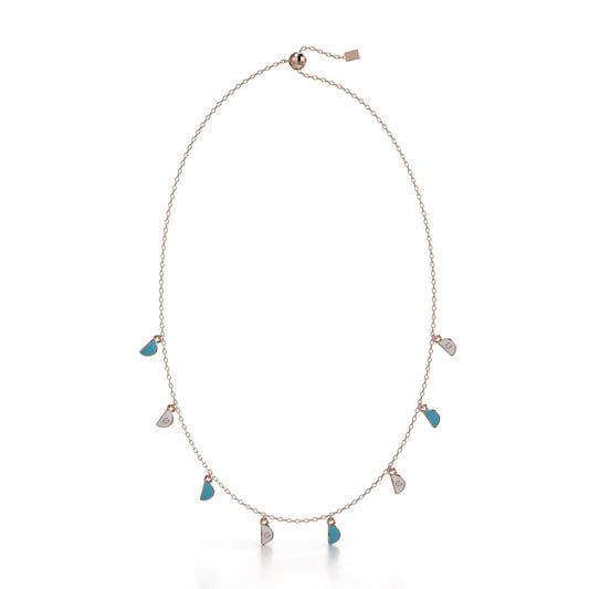 18k rose gold charm pendant necklace with blue enamel and diamonds, additional view