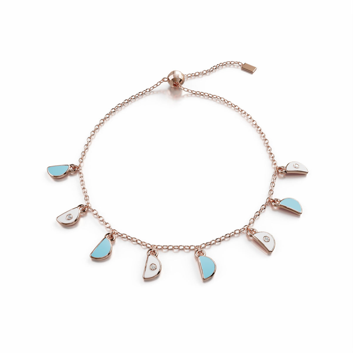 18k rose gold charm bracelet with blue and white enamel, dome-inspired design