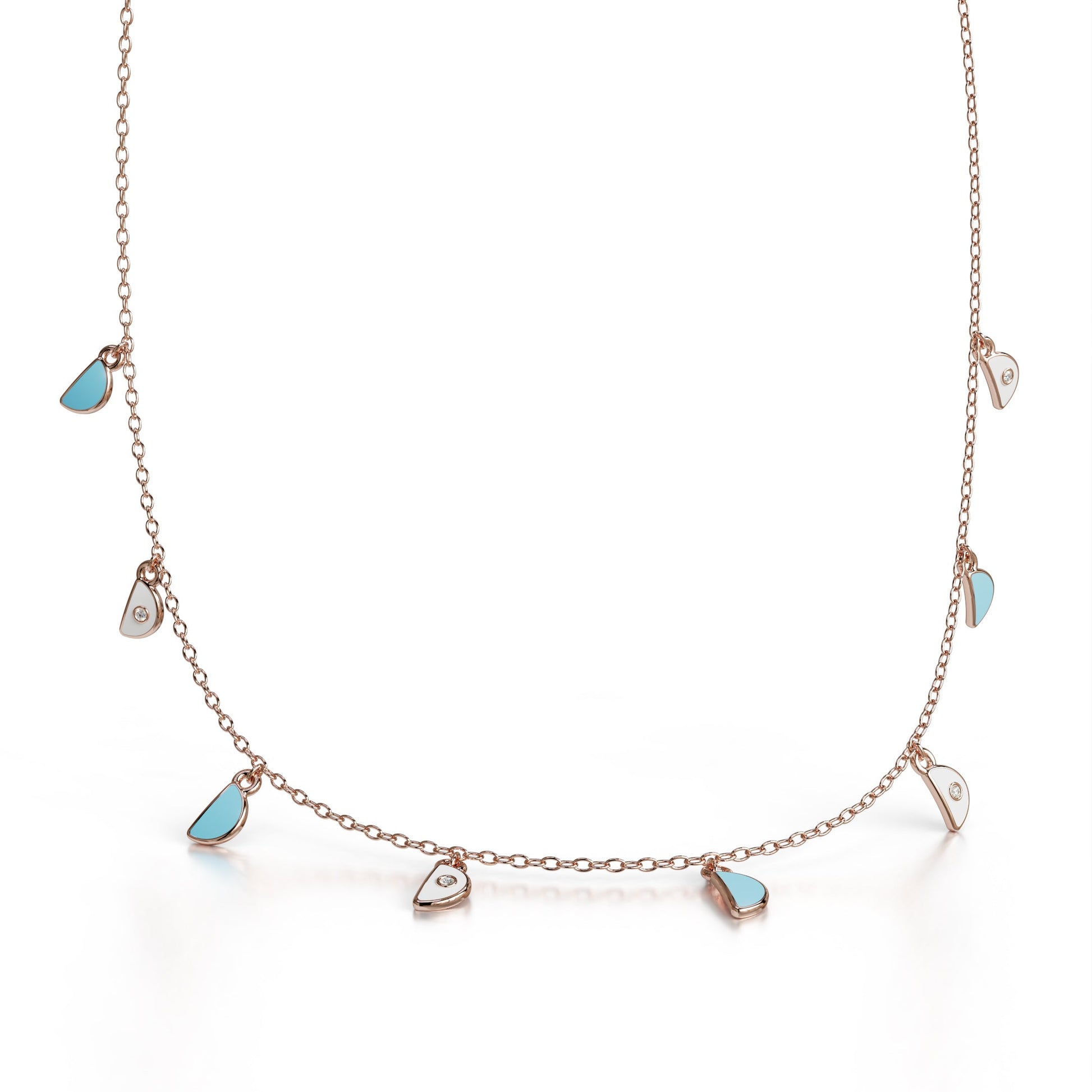 18k rose gold charm pendant necklace with blue enamel and diamonds, additional view