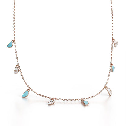 18k rose gold charm pendant necklace with blue enamel and diamonds, additional view