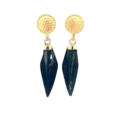 Pair of earrings with gold tops and dark blue dangling parts on a white background
