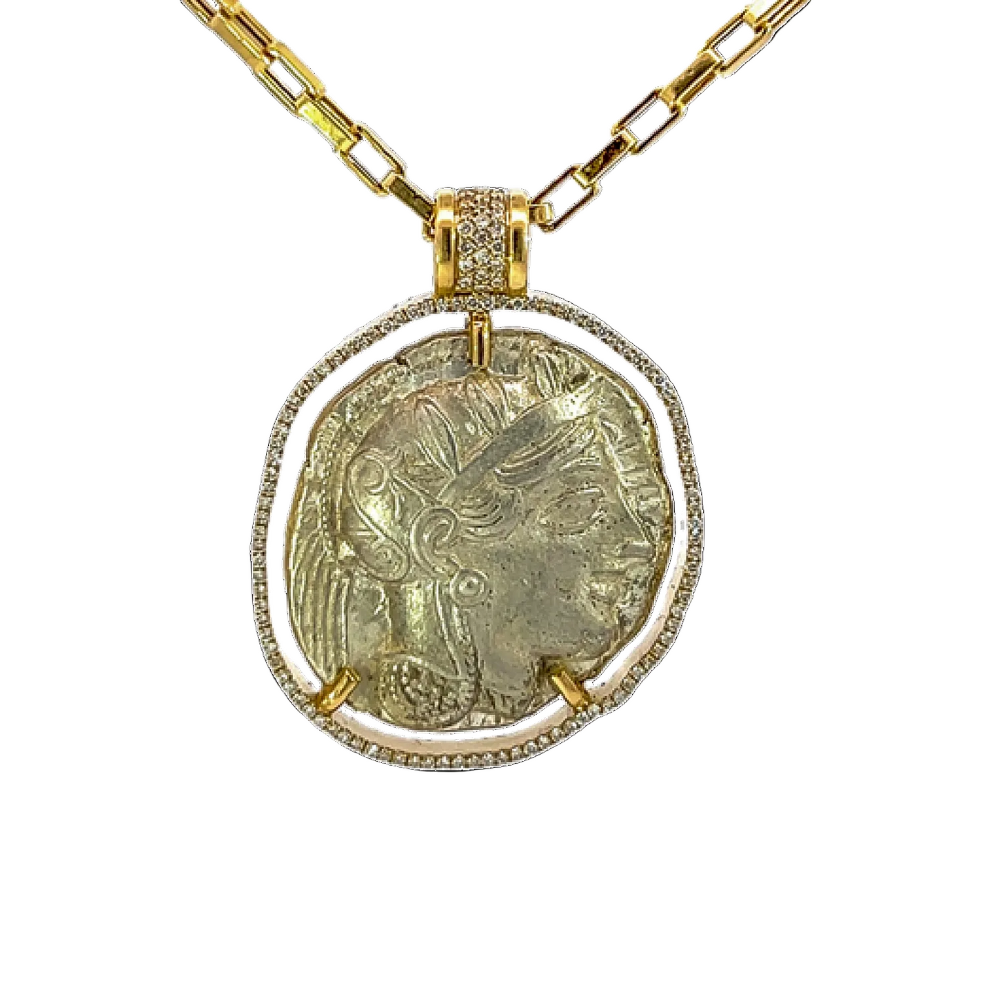 Gold necklace with a coin pendant on a white background