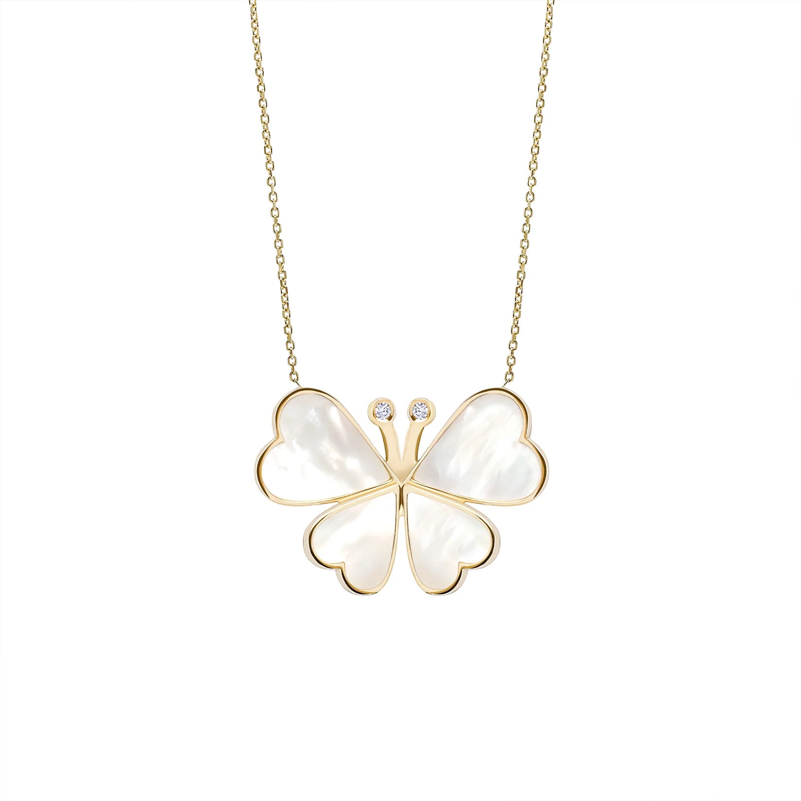 Butterfly-shaped pendant with gold outline and white center on a chain against a white background