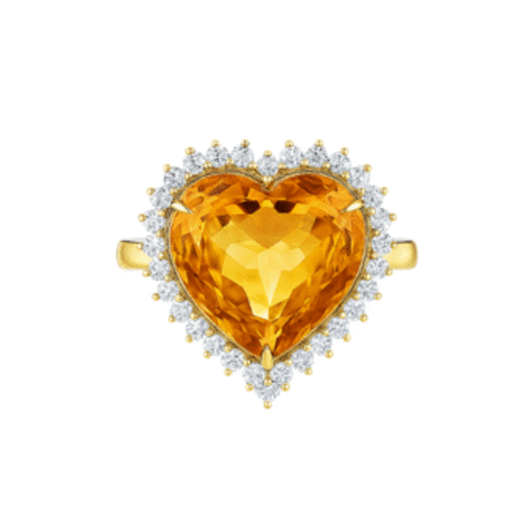 DTopaz Citrine Heart Diamond Ring in 18K gold on a white background