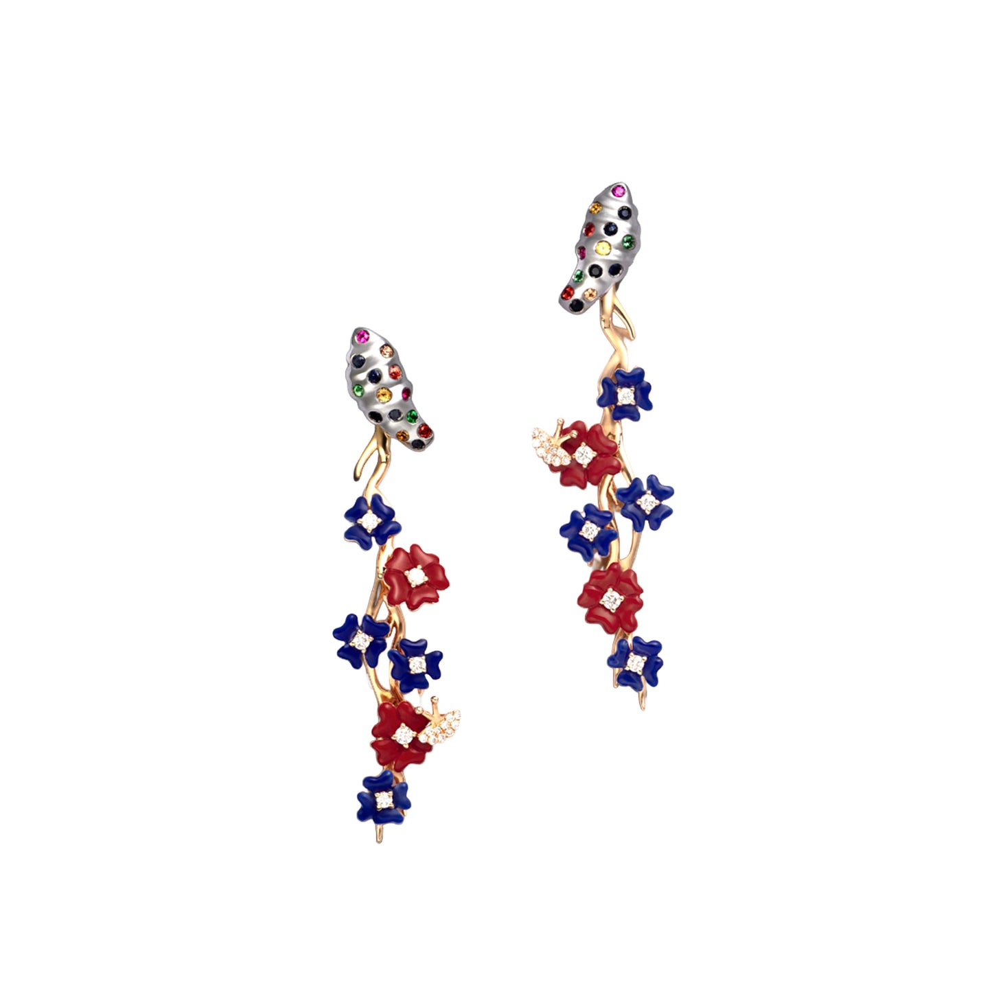Colorful floral gold earrings on a white background
