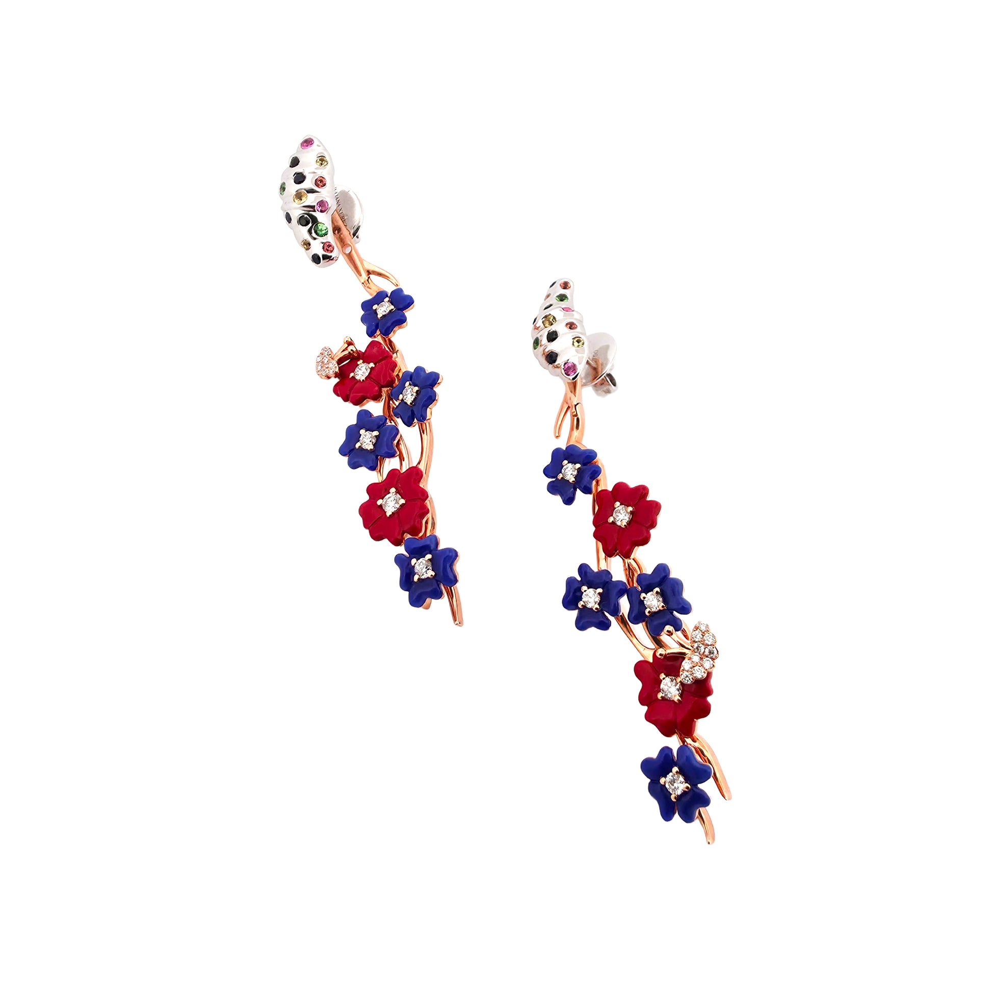 Colorful floral earrings on a white background