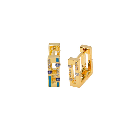 Gold hoop earrings with blue and purple accents on a white background