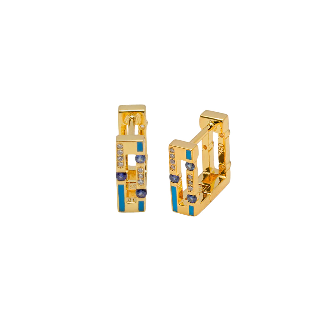 Gold hoop earrings with blue accents on a white background