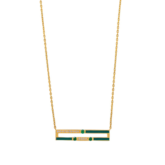 Gold necklace with green and blue pendant on a white background