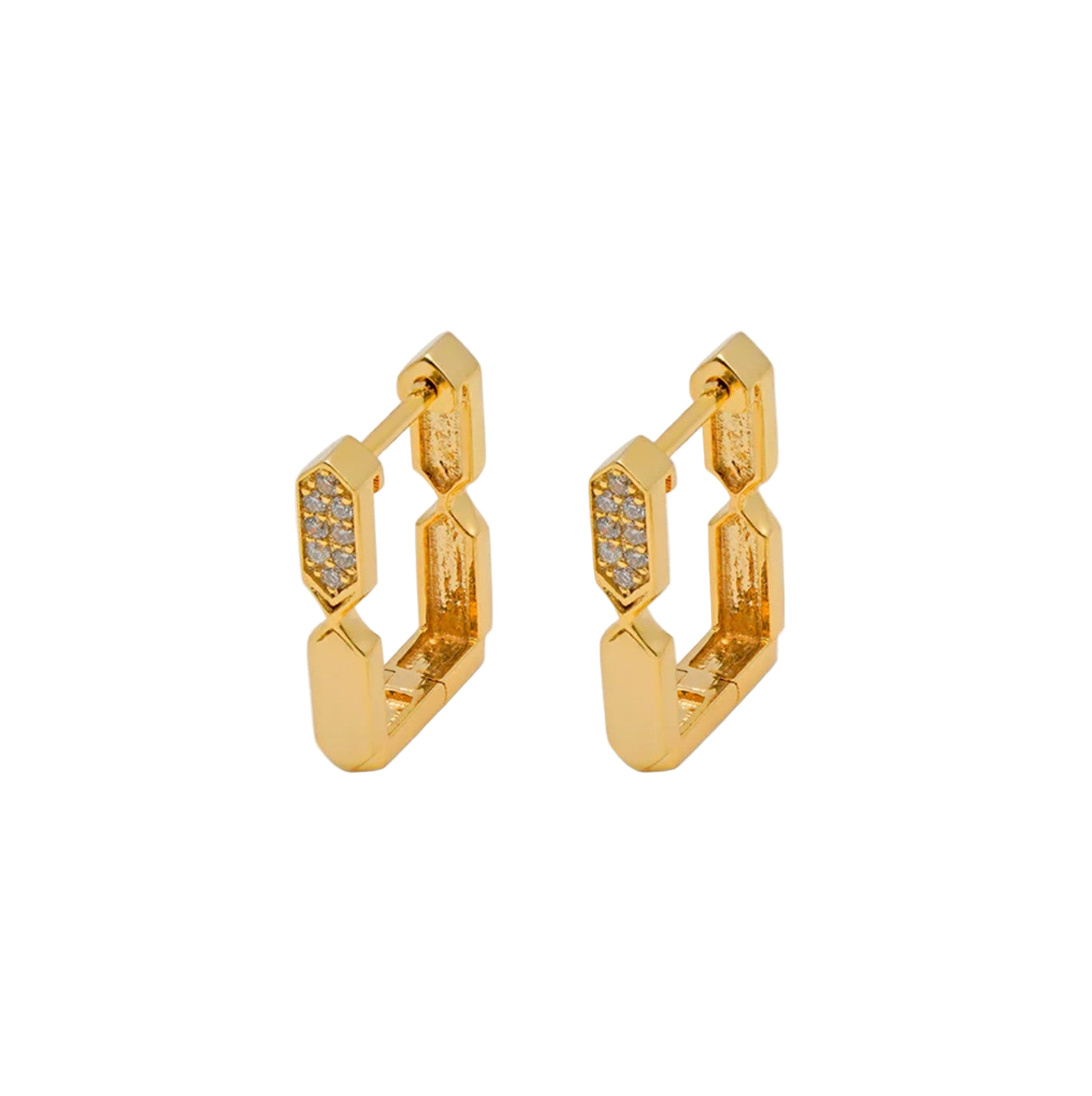 Gold hoop earrings with embedded stones on a white background