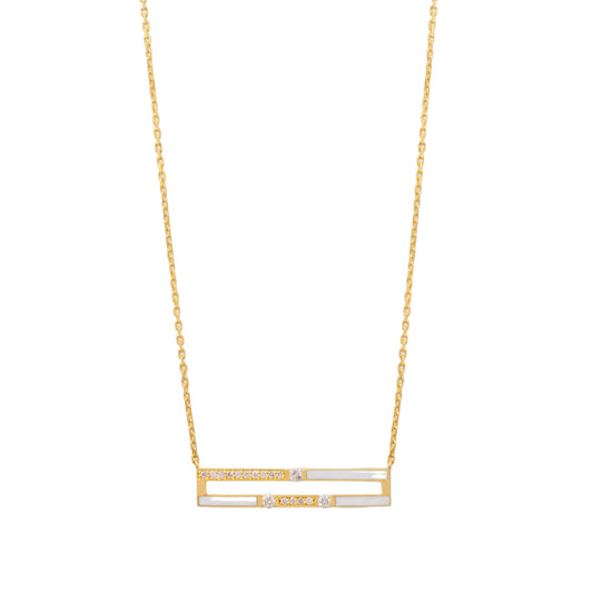 Gold necklace with a rectangular pendant on a white background