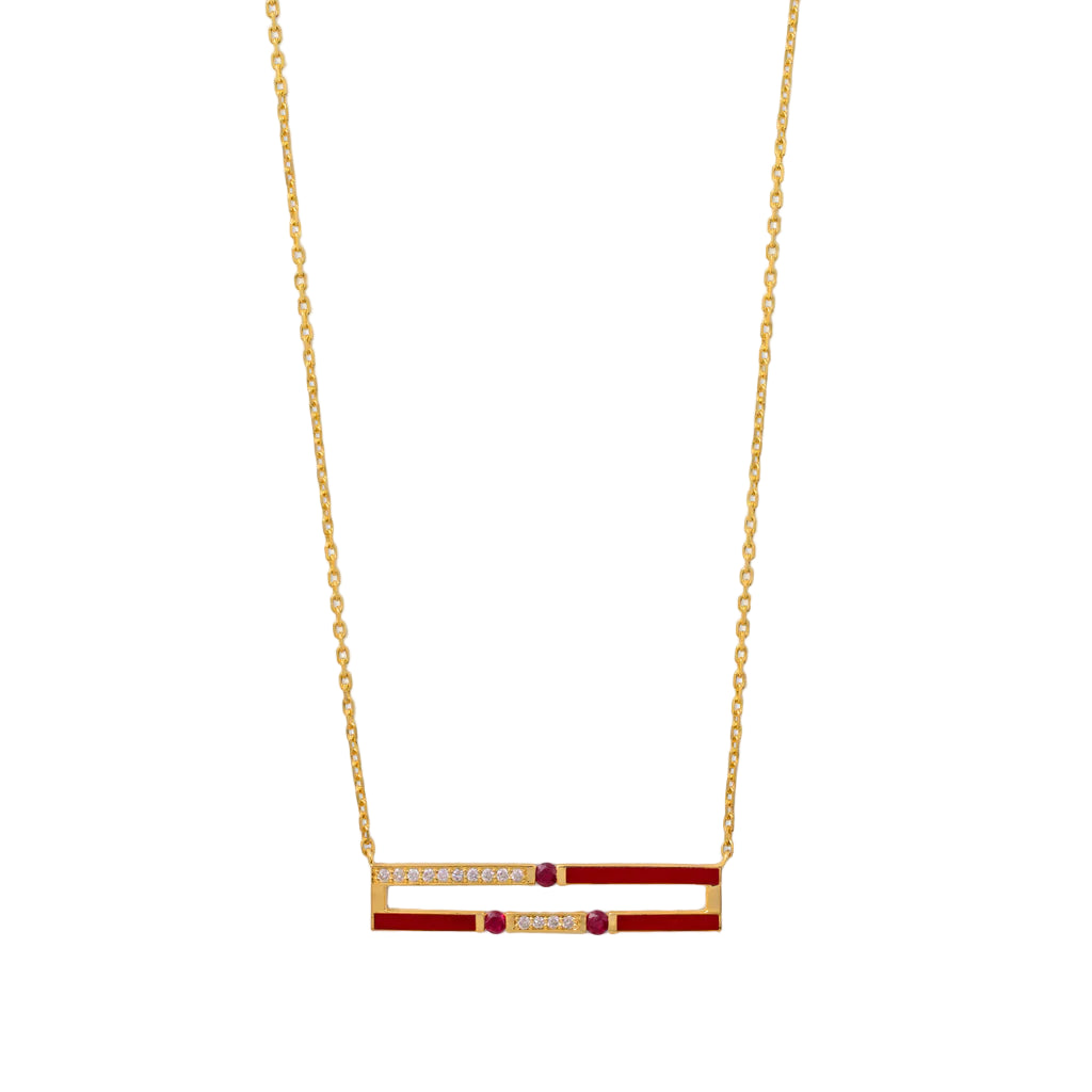 Gold necklace with a red and gold pendant on a white background