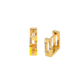 Gold hoop earrings with embedded stones on a white background