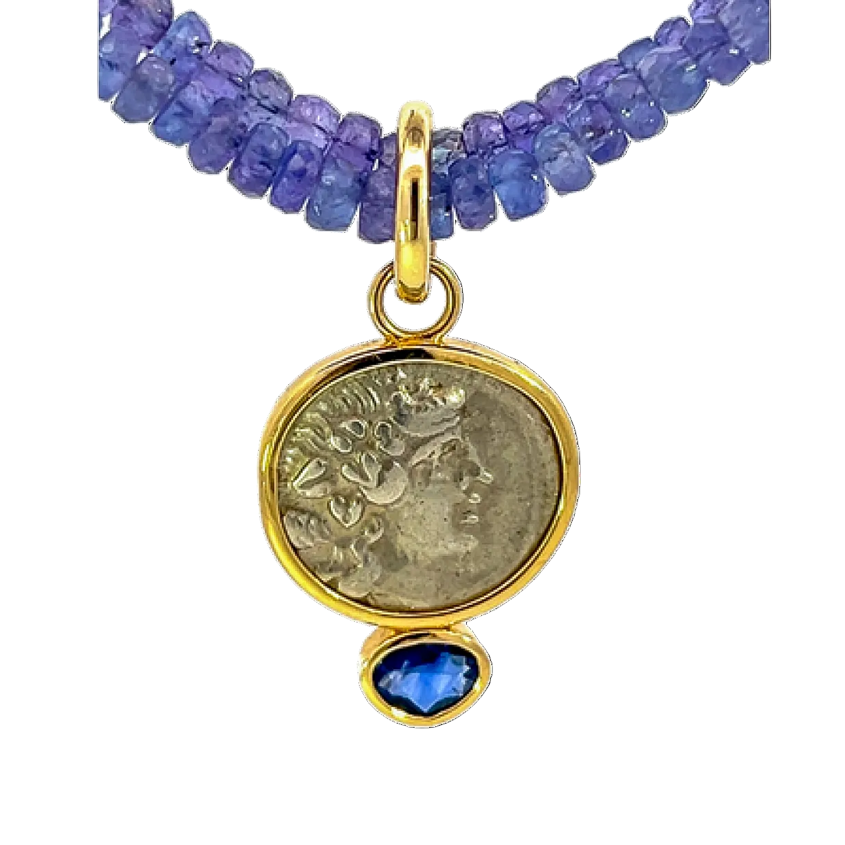 Necklace with blue beads and a gold pendant featuring a coin and blue stone on a white background