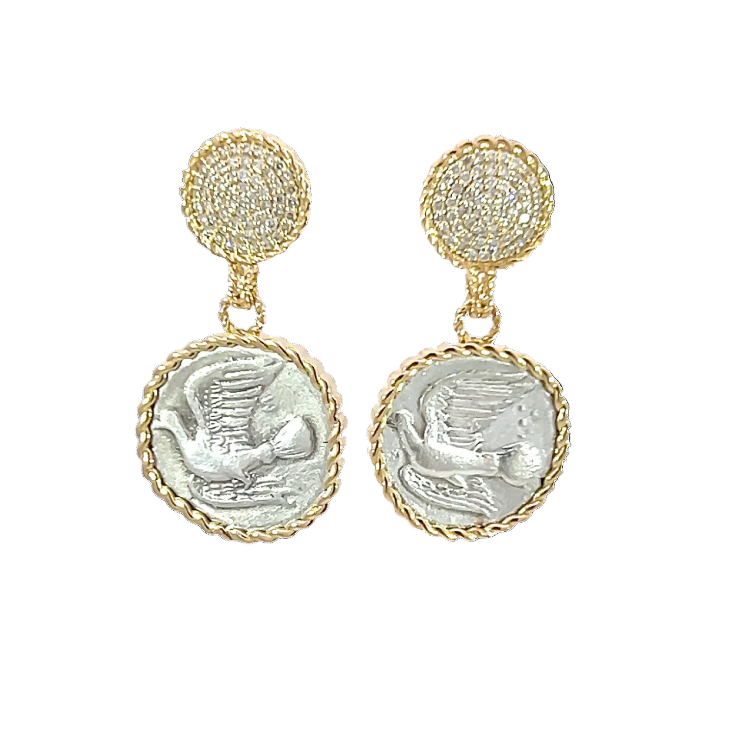 Pair of earrings with gold and silver designs on a white background