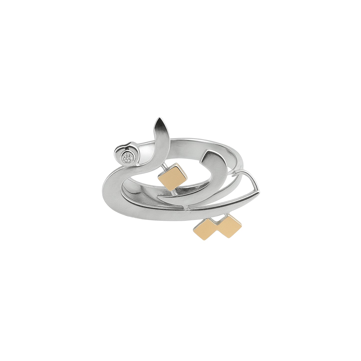 White gold ring with gold accents on a white background