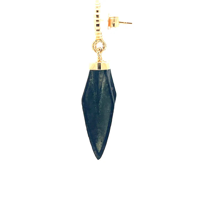Earring with dark green teardrop-shaped pendant and gold top on white background