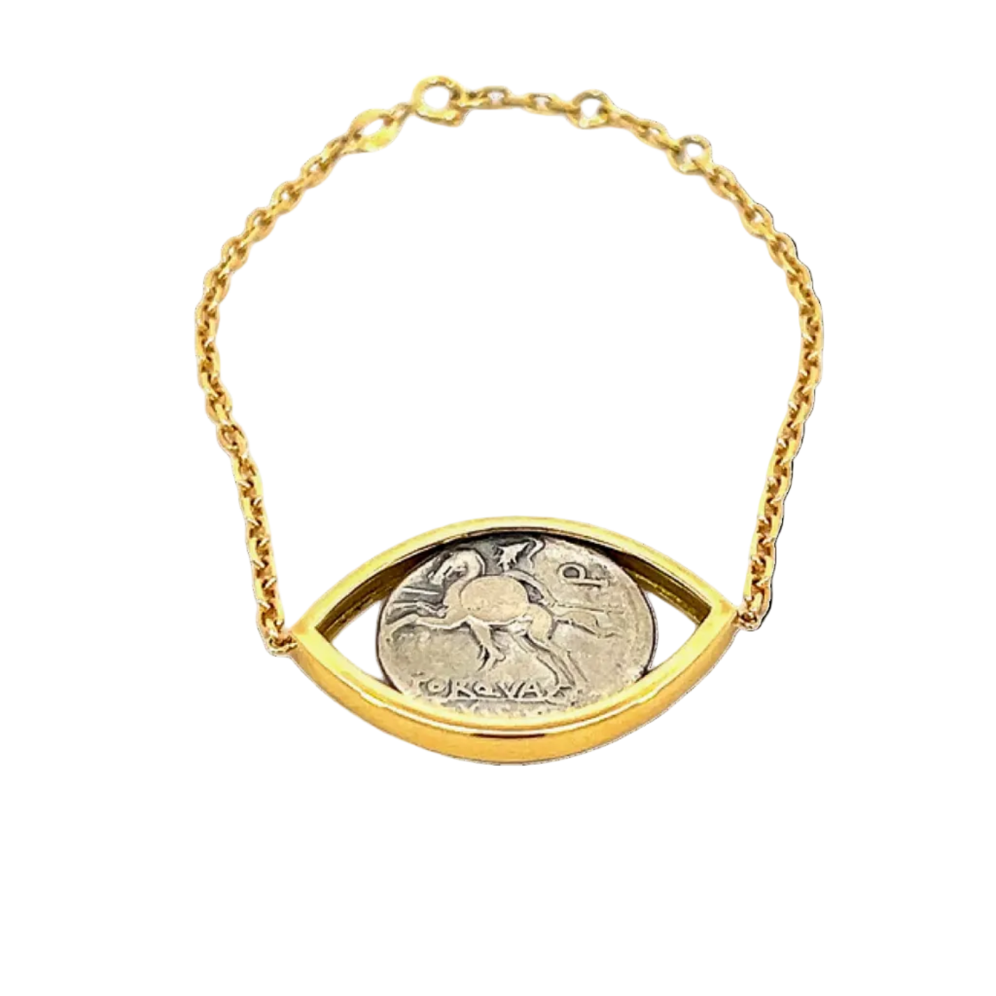 Gold bracelet with a coin eye design on a white background