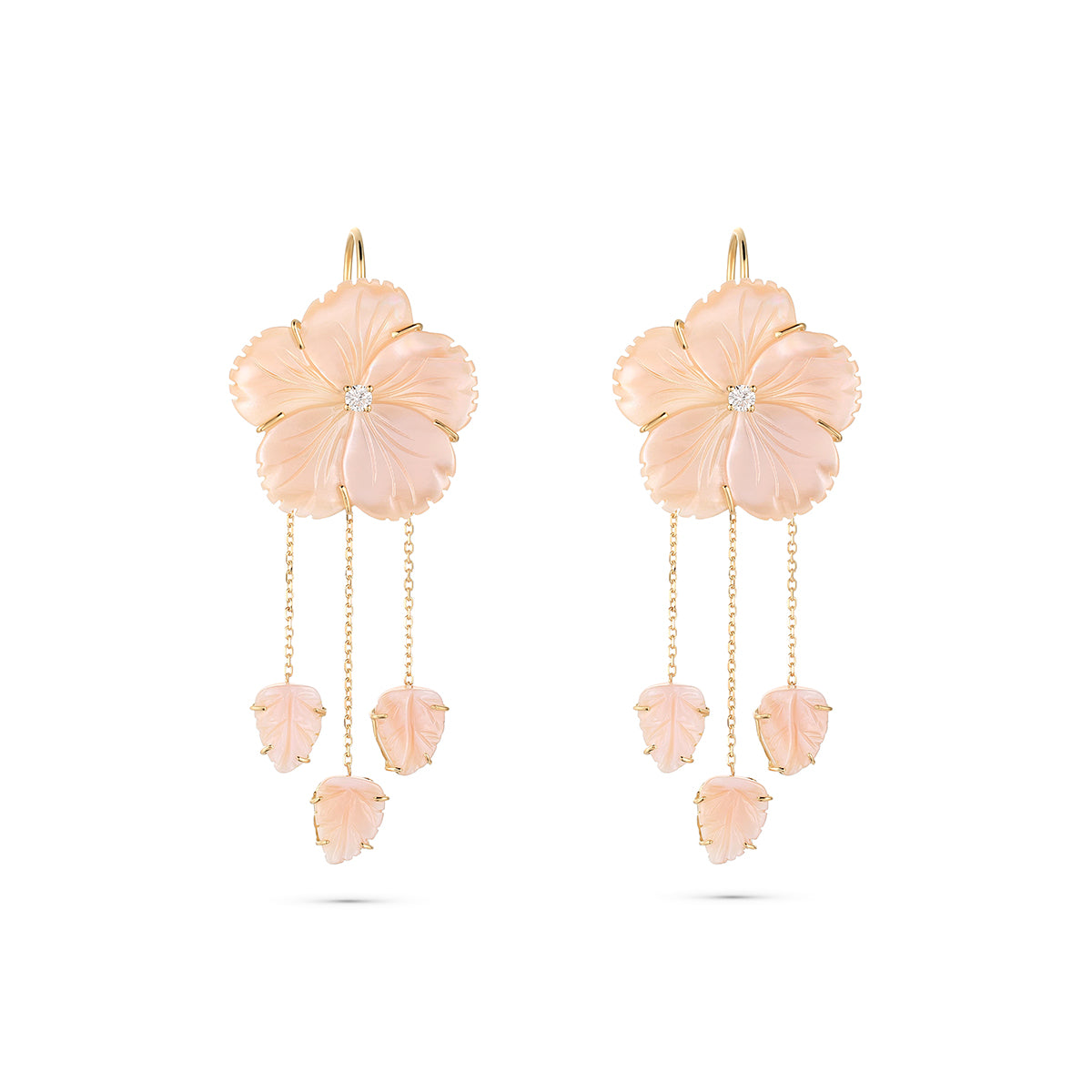 Pair of pink floral earrings with gold accents on a white background