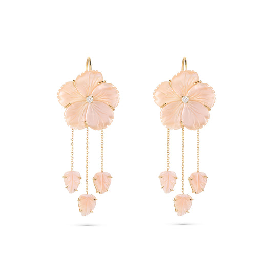 Pair of pink floral earrings with gold accents on a white background