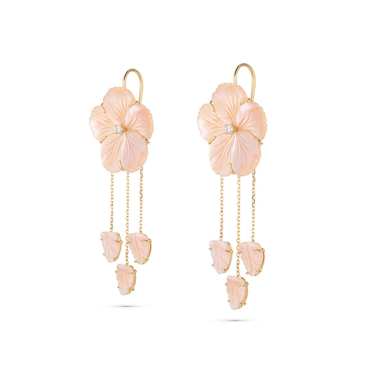Pair of pink floral earrings with gold accents on a white background