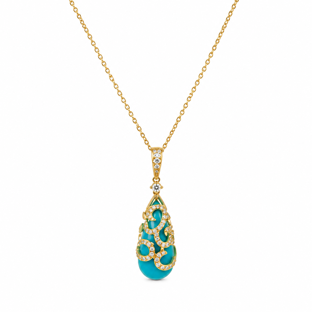 Gold necklace with a turquoise pendant on a white background