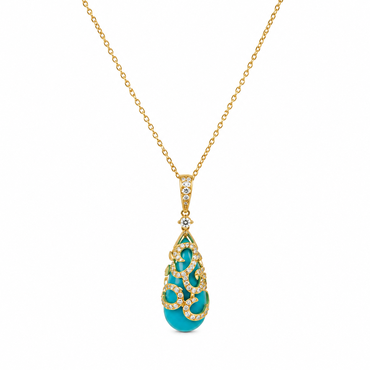Gold necklace with a turquoise pendant on a white background