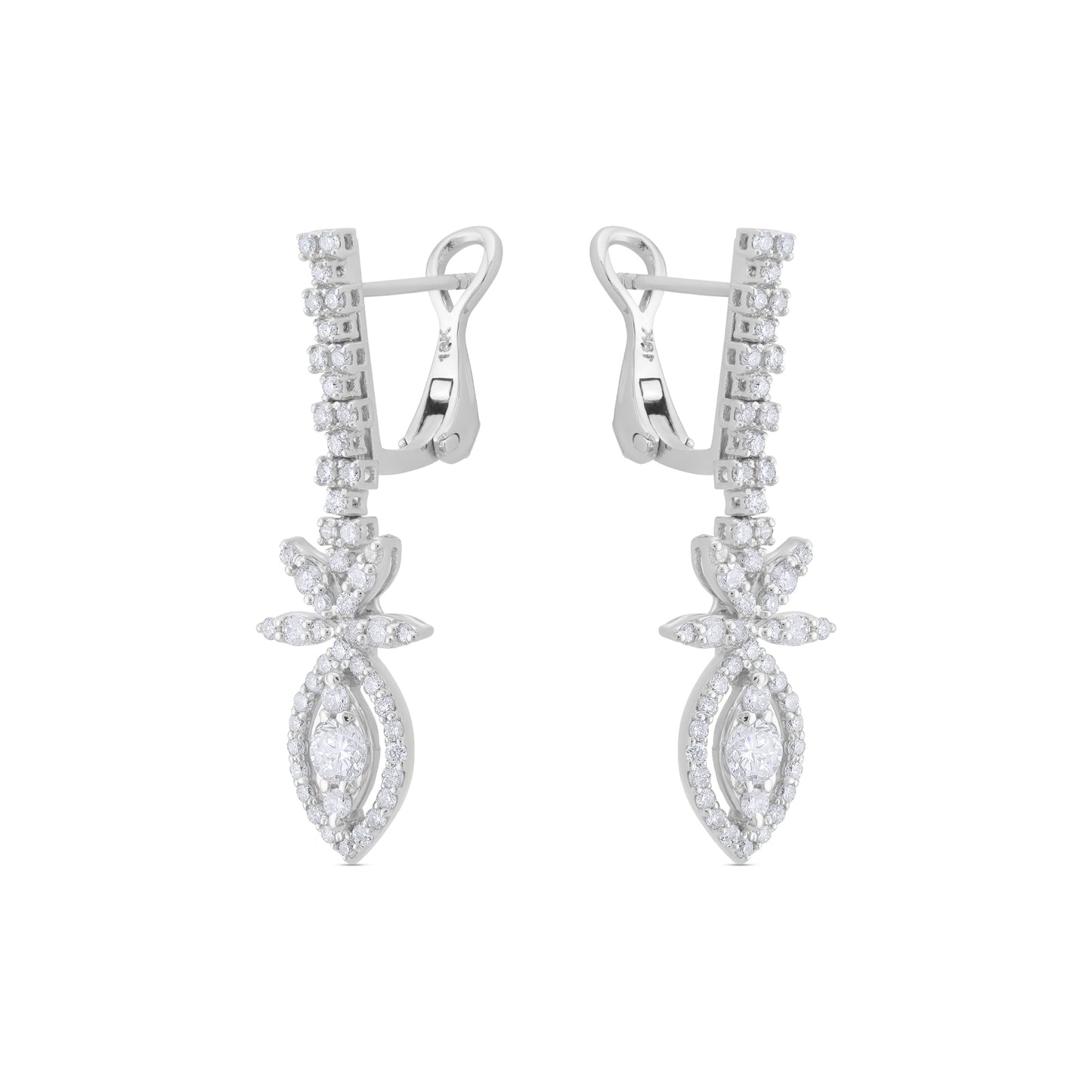 Pair of white gold earrings with diamond-like stones on a white background