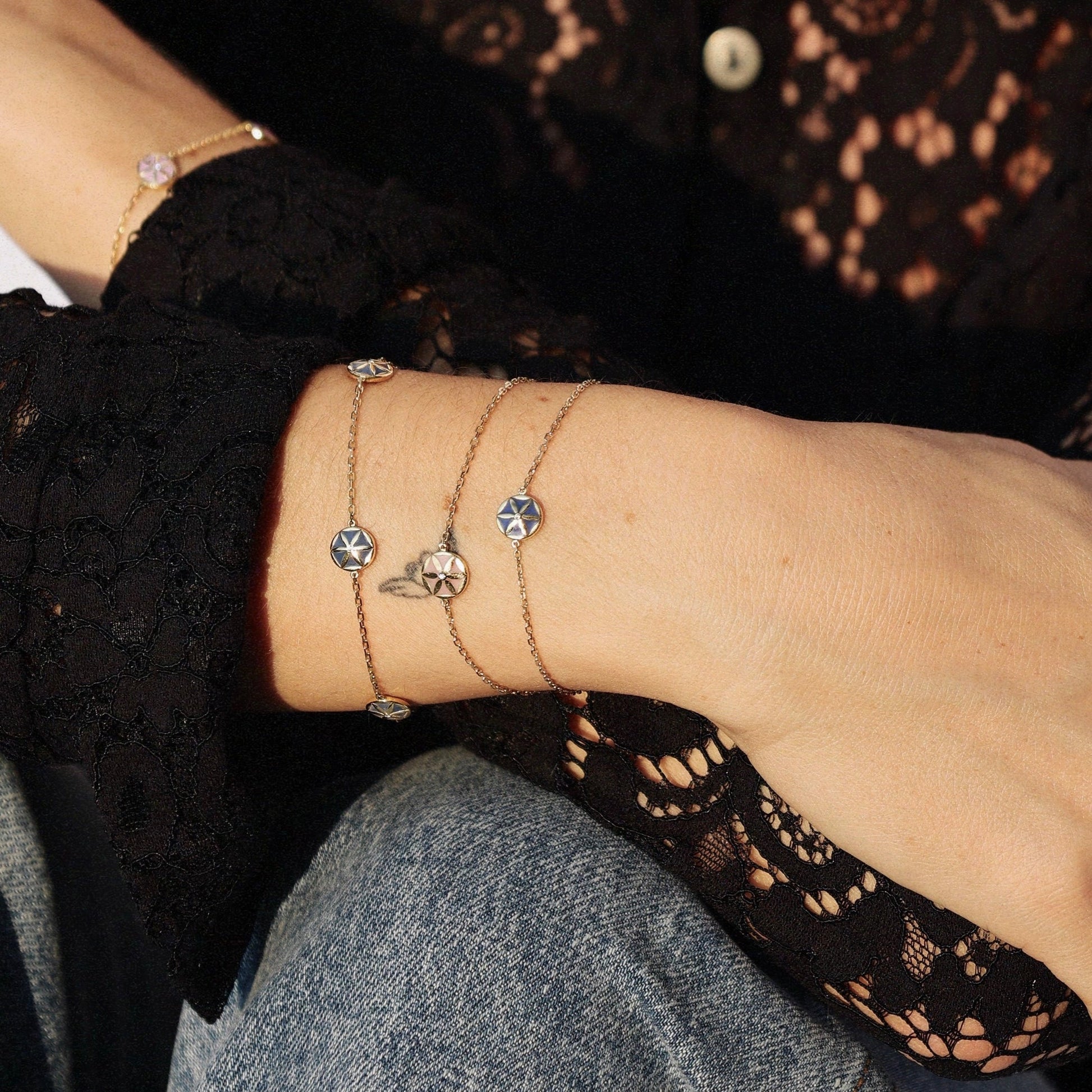 7LEAVES Flower of Elements bracelets worn on the wrist