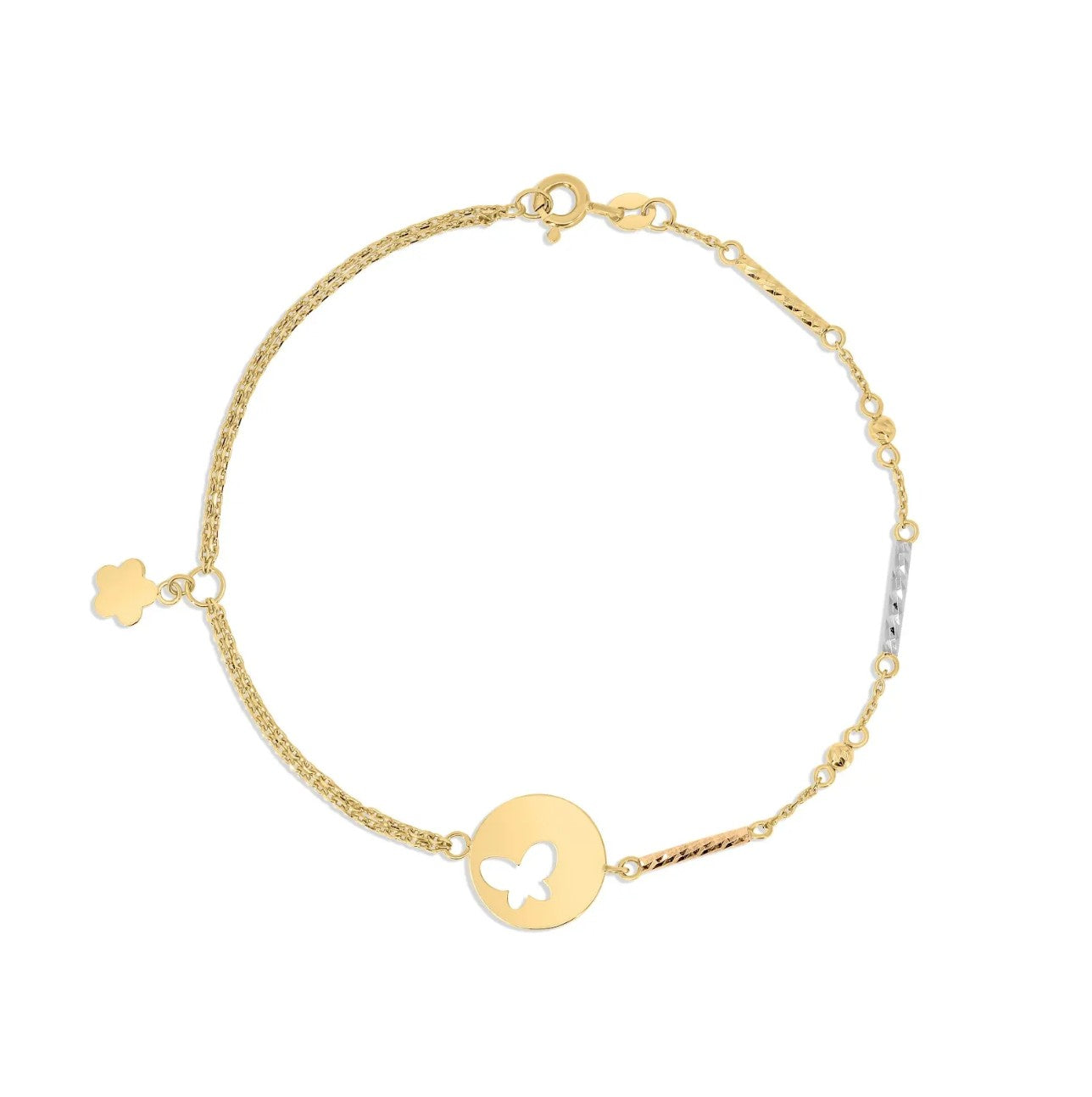 Gold bracelet with a butterfly charm on a white background