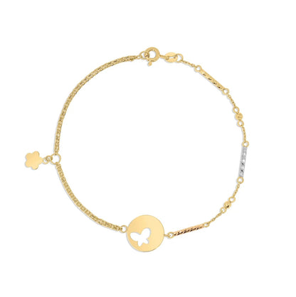 Gold bracelet with a butterfly charm on a white background