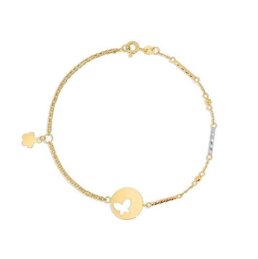 Gold bracelet with a butterfly charm on a white background