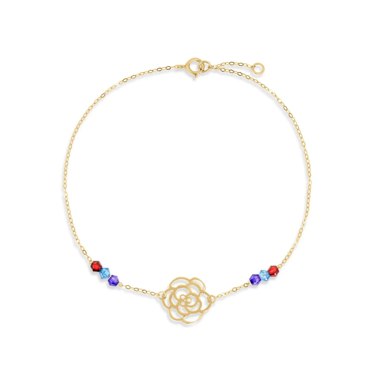 Gold bracelet with a floral design and colorful beads on a white background