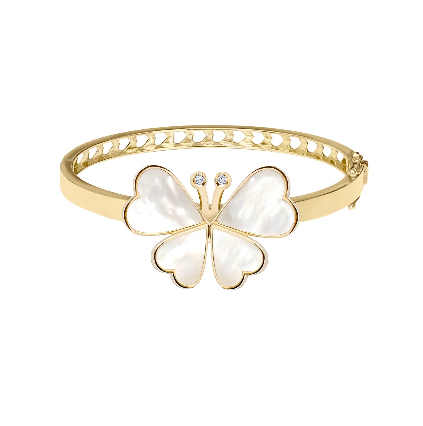 Gold bracelet with a white butterfly charm on a white background