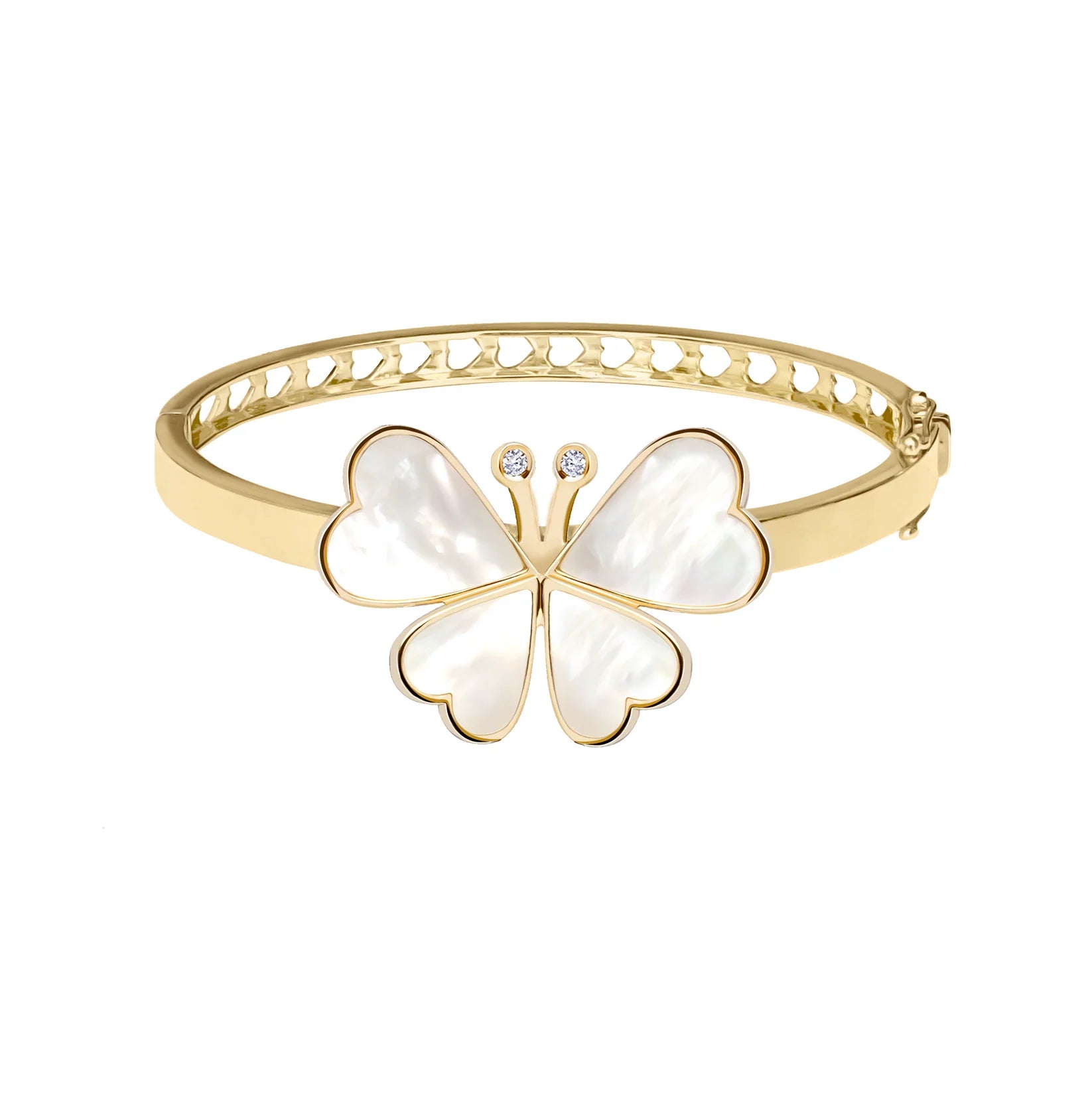 Gold bracelet with a white butterfly charm on a white background